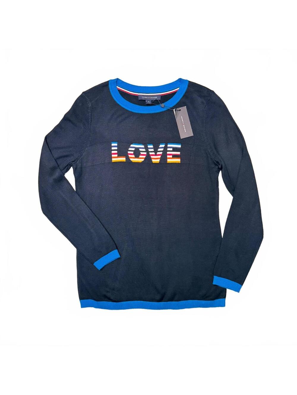 Tommy Hilfiger Women's Navy Blue LOVE Sweater with Blue Trim Size M